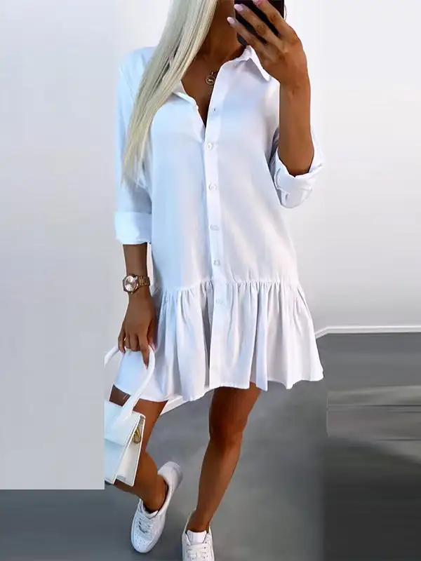 Long Sleeve Relaxed Buttoned Pleated Solid Color Split Joint Lapel Mini
