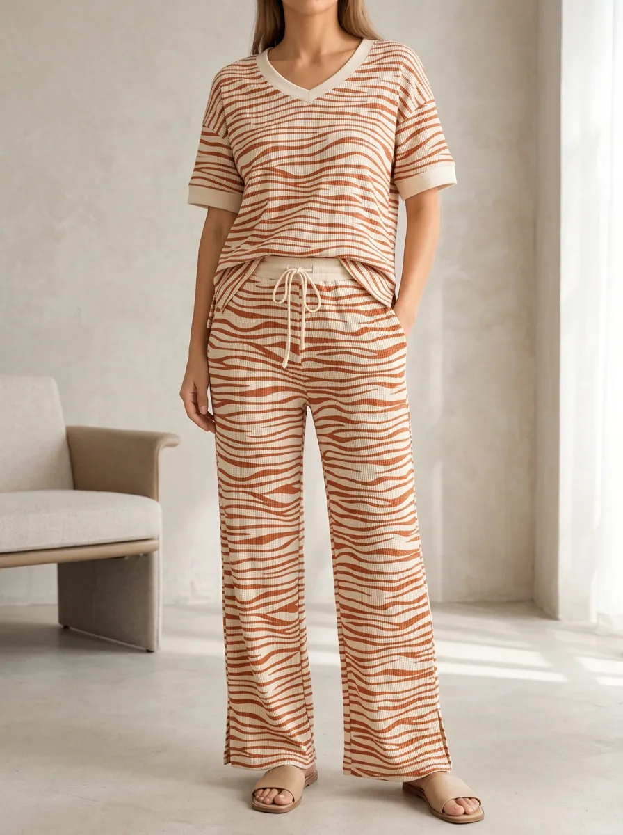 Women's Lounge Zebra Striped Patterned V-Neck Wide Leg Pants Set