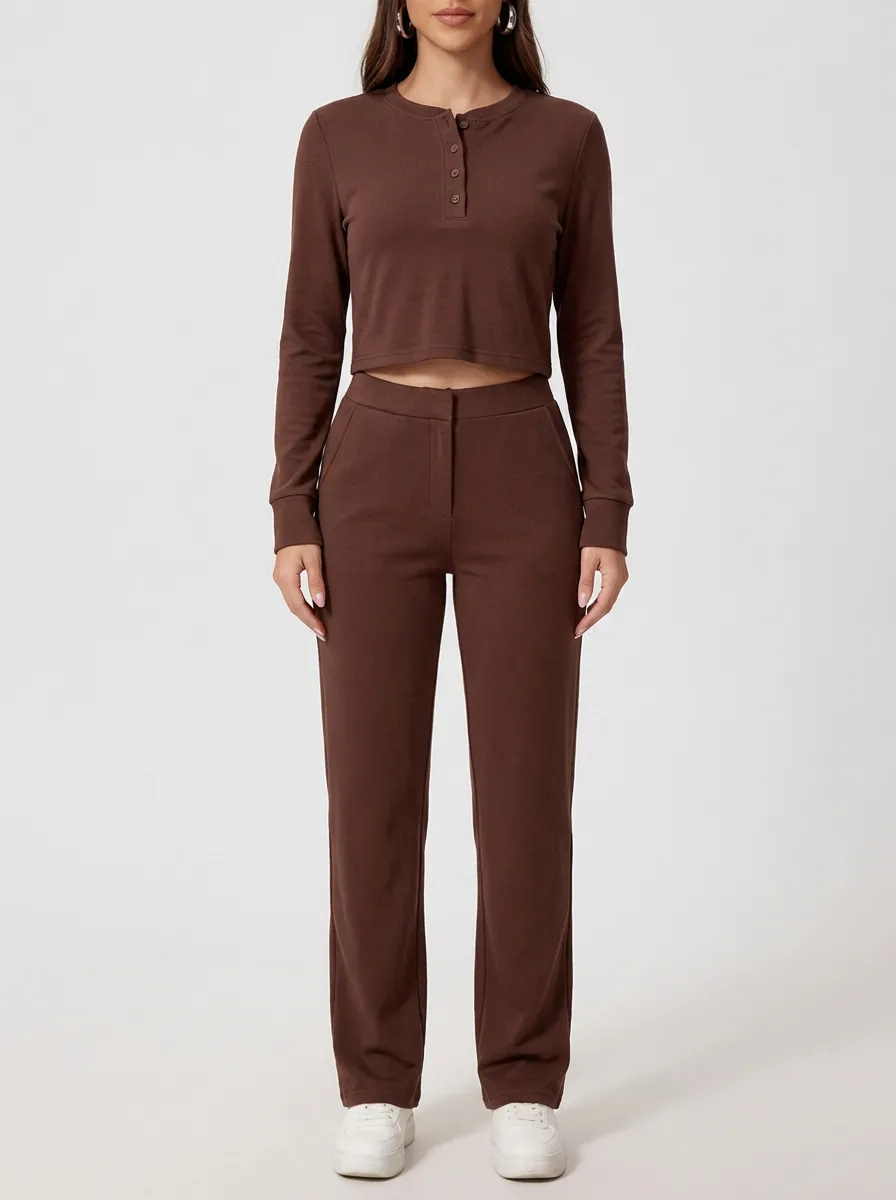 Women's Henley Cropped Top and Mock-Fly Straight-Leg Trouser Set