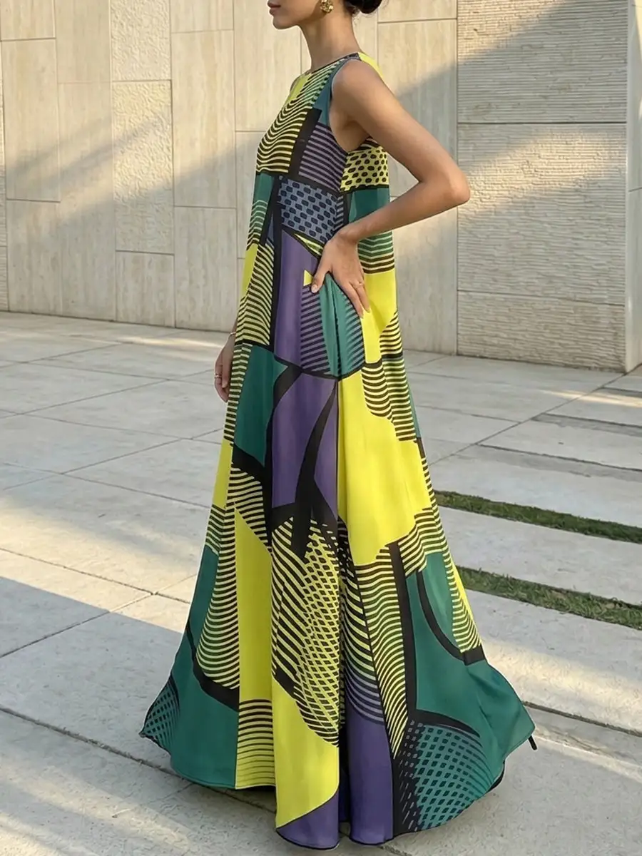 Striped Sleeveless Neck Maxi Dress