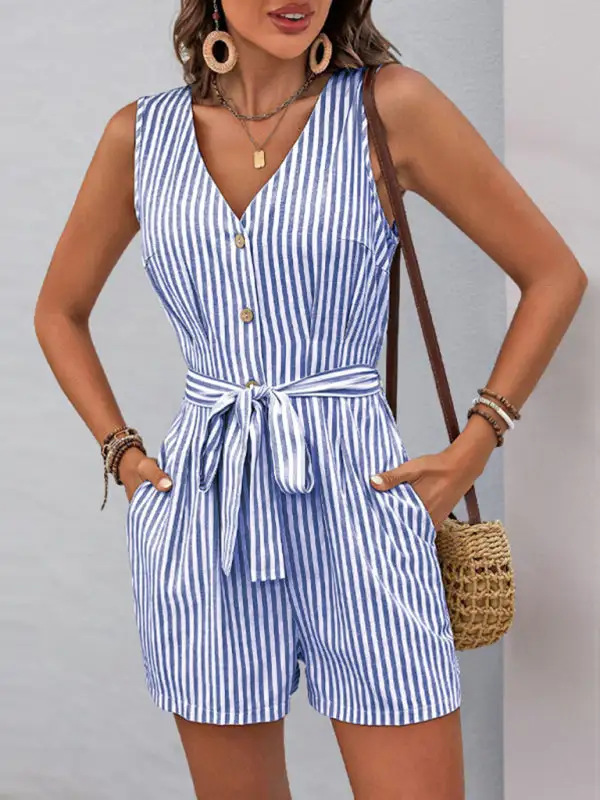 V Neck Sleeveless Striped Jumpsuit