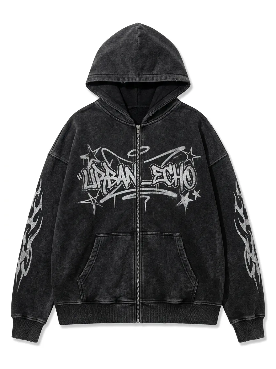 Unisex Streetwear Urban Echo Graffiti Star Flame Printed Zip-up Hoodie