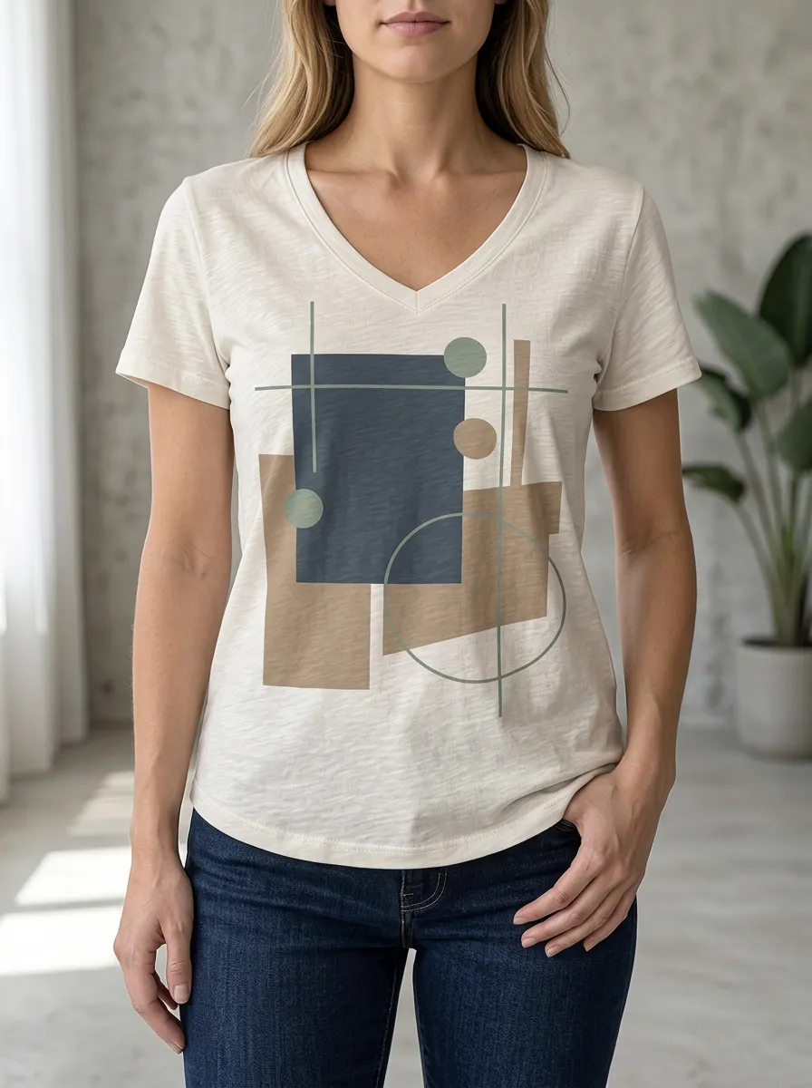 Women's Layered Abstract Geometric Shapes V-Neck T-Shirt