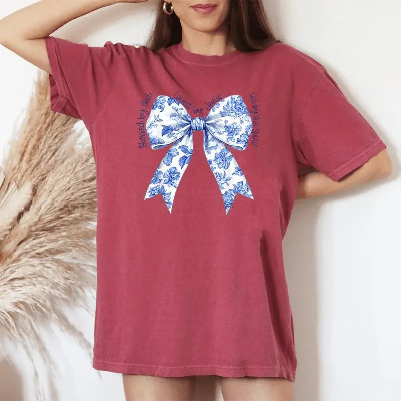 Blessed By God Loved By Jesus Blue Toile Coquette Bow Women's Oversized Comfort T-shirt