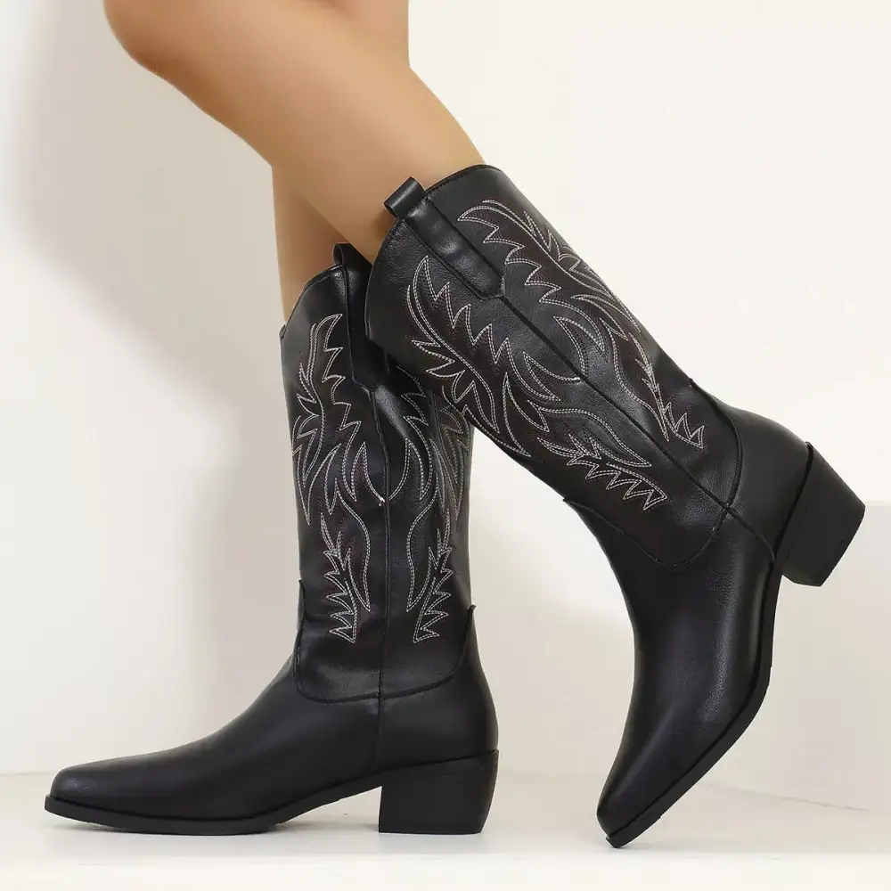 Classic Embroidered Point Toe Block Heels Boots
