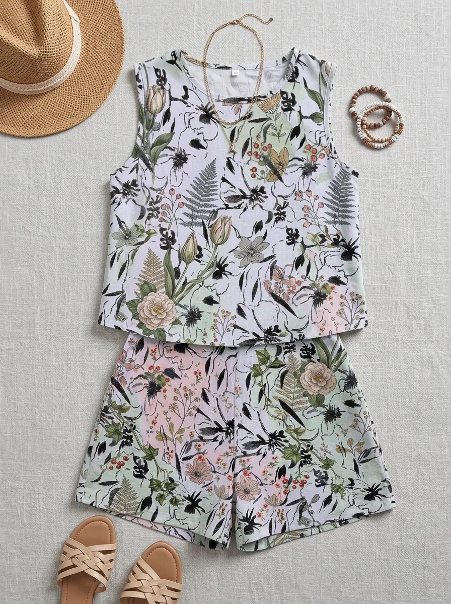 Women's Botanical Floral Garden Printed Sleeveless Shorts Set