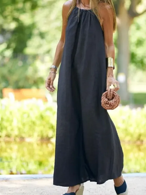 Halter Neck Sleeveless Linen Blend Maxi Dress