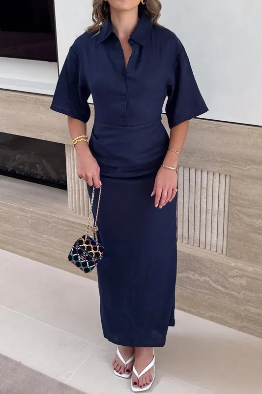 Navy Ruched Midi Dress