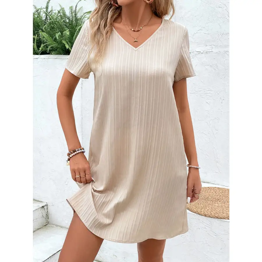 Lace Detail V-Neck Short Sleeve Mini Dress