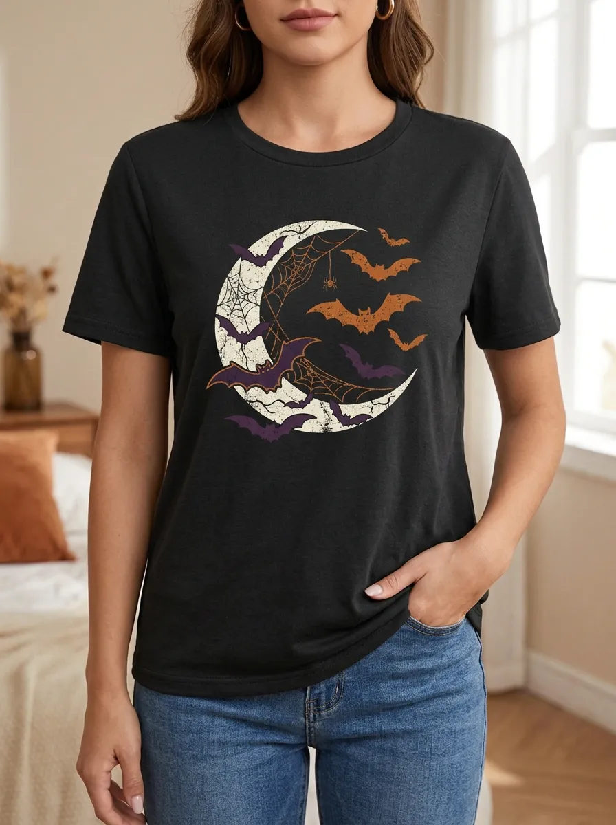 Women's Halloween Moon Bats Spiderweb Printed T-shirt