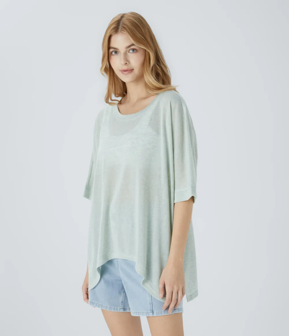 Asymmetric Split Hem Sheer Oversize Casual Top