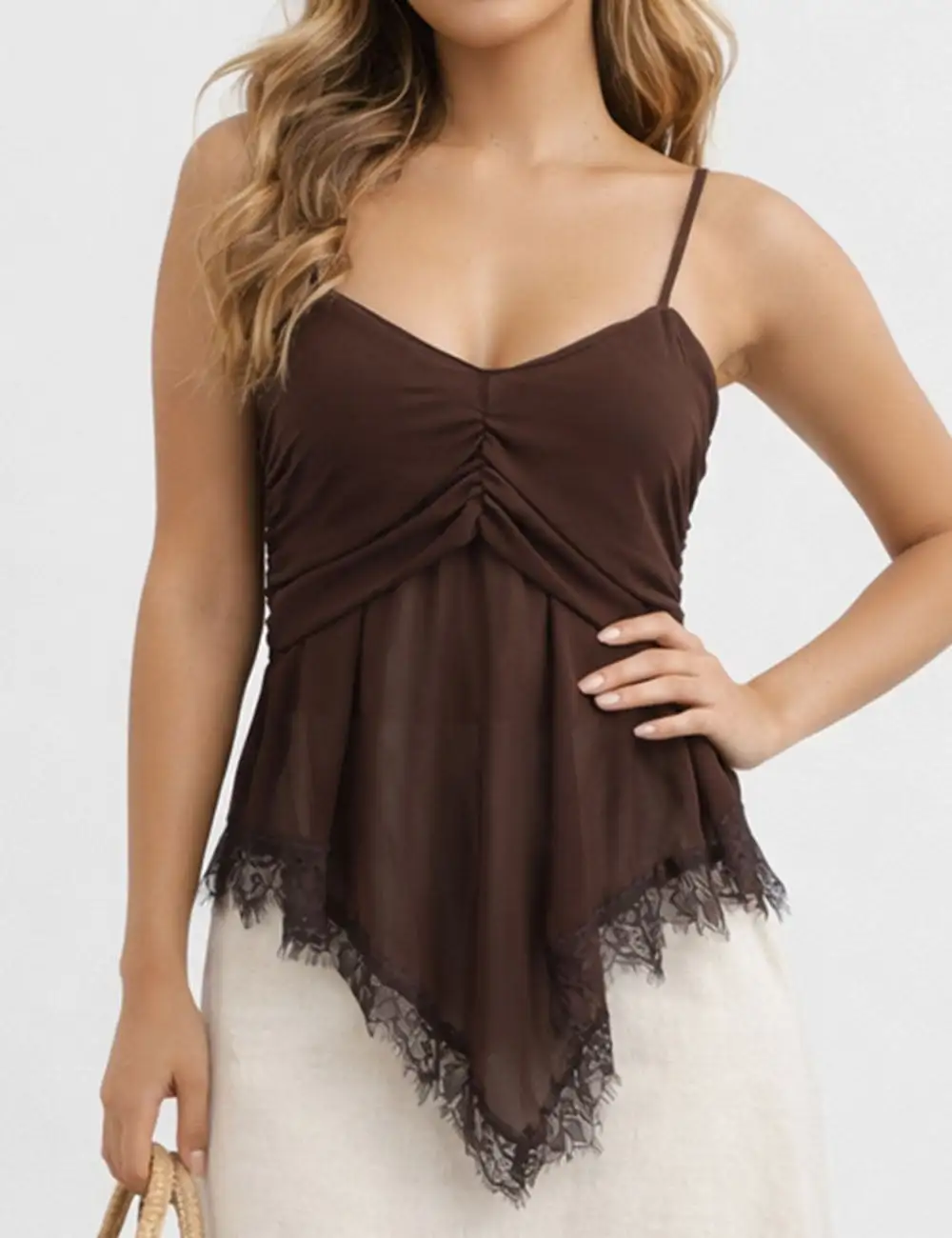 Sheer Mesh Lace Hem Spaghetti Strap Cami Top