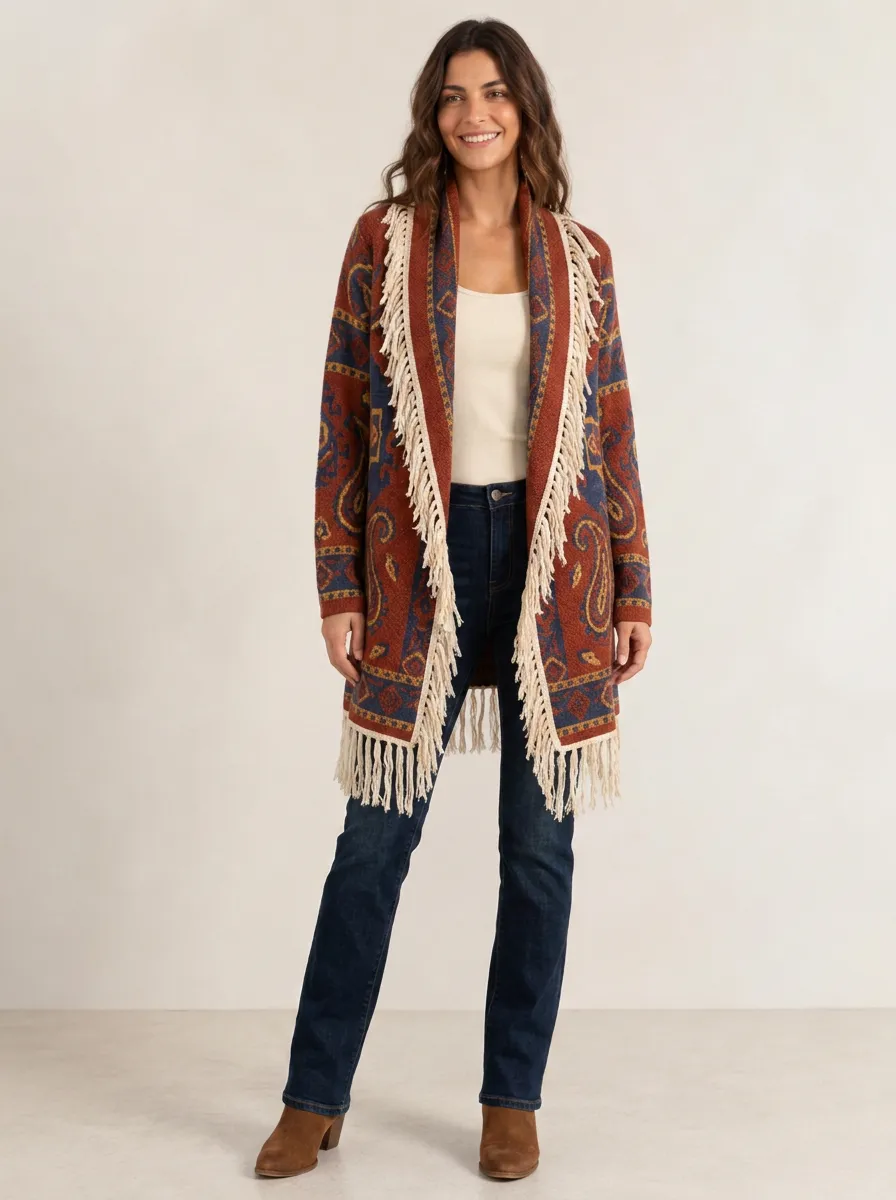 Women's Boho Paisley Pattern Fringe Trim Printed Cardigan