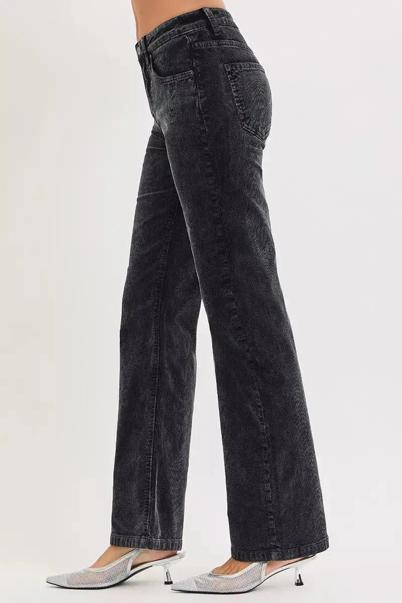 Straight Leg Mid Rise Corduroy Pocketed Pants