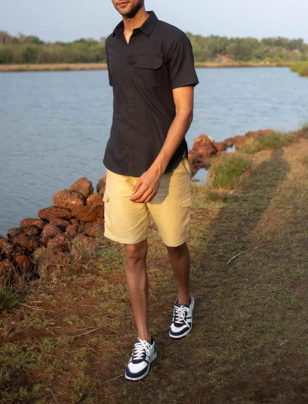 Black Melange Short Sleeve Cotton Shirt