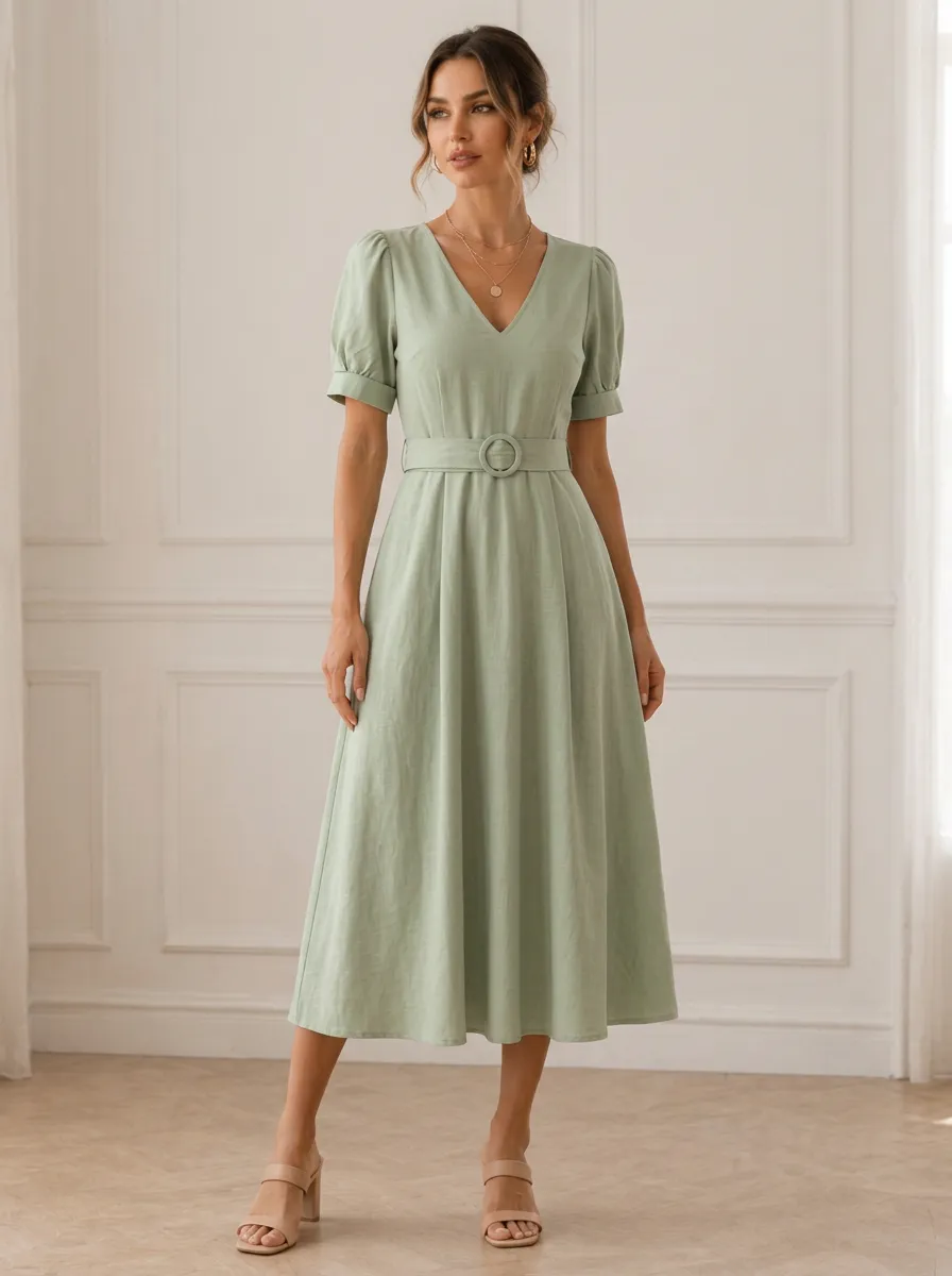 Women's Sage Green V-Neck Puff Sleeve Belted Midi Dress