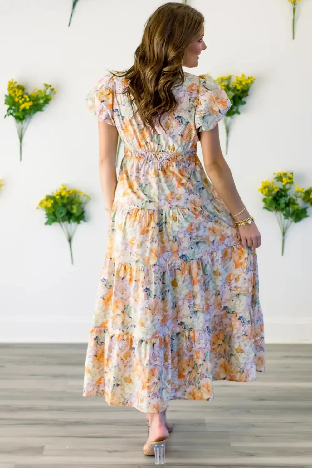 Floral V Neck Flared Maxi Dress