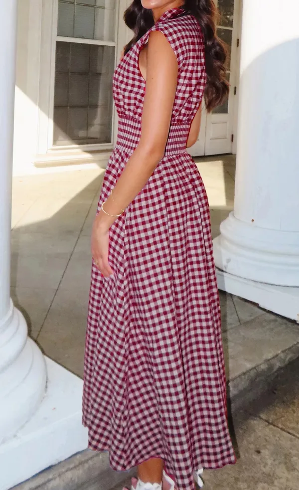 Classic Plaid Print Full Zipper Cinched Waist Fit Flare Sleeveless Maxi Dress