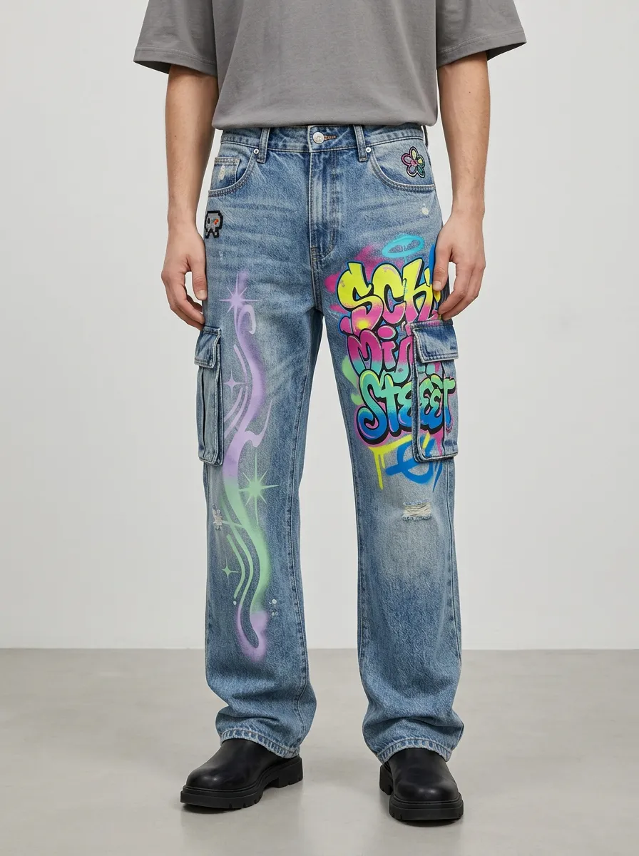 Men's Streetwear Graffiti Art Graphic Cargo Jeans