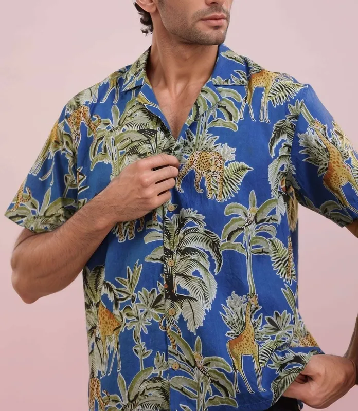 Blue Monkey Print Mulmul Cotton Camp Collar Shirt