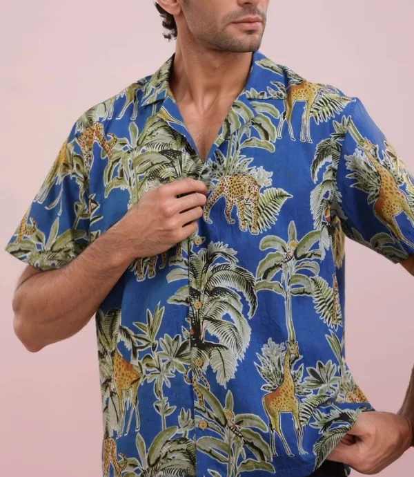 Blue Monkey Print Mulmul Cotton Camp Collar Shirt
