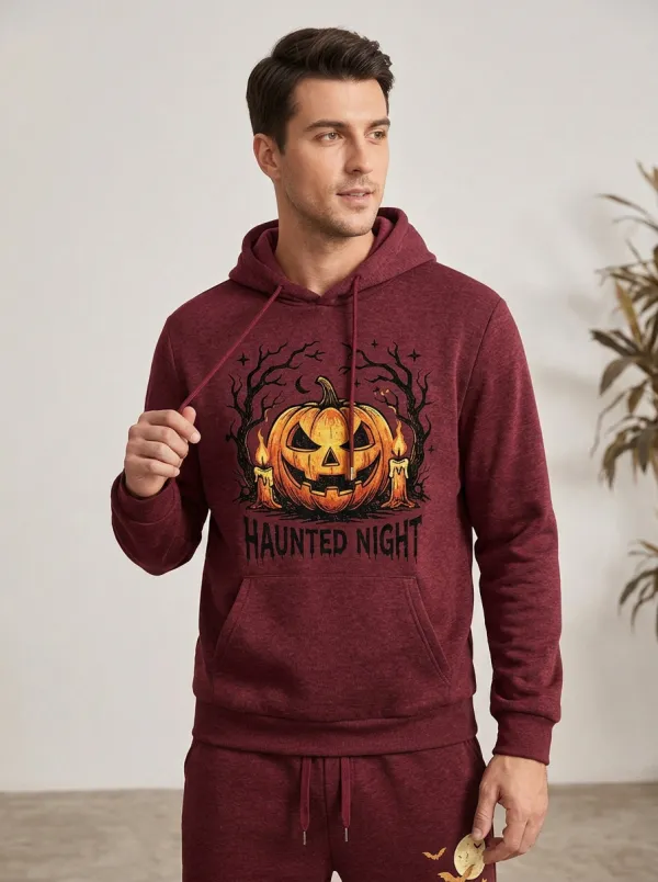 Men's Halloween Charcoal Haunted Night Pumpkin Moon-Graphic Hoodie Jogger Set