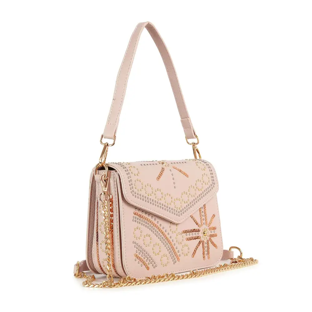 Studded Chain Accent Flap Front Faux Leather Shoulder Bag