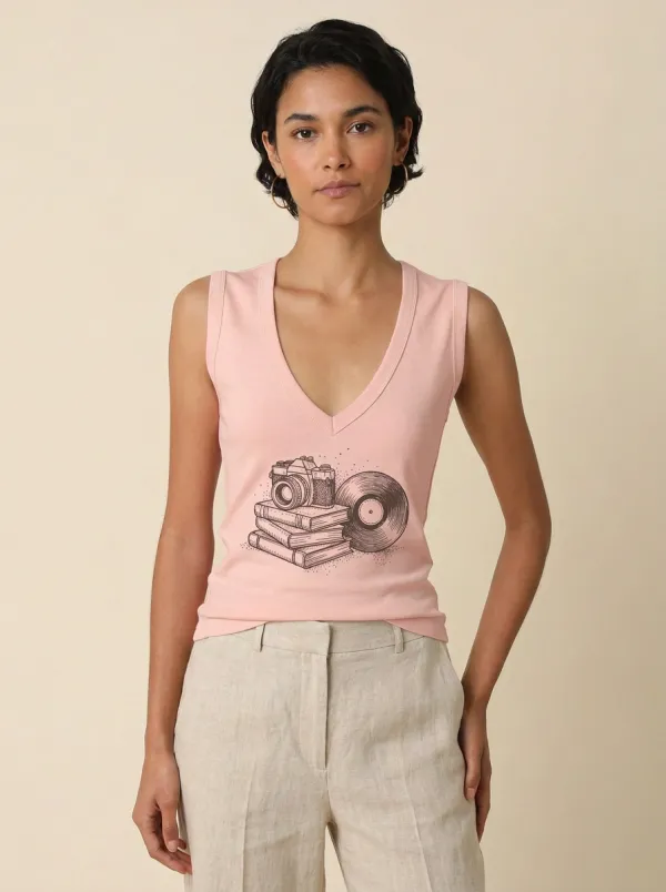 Women's Retro Hobbyist Camera Books Vinyl Record Graphic Tank Top