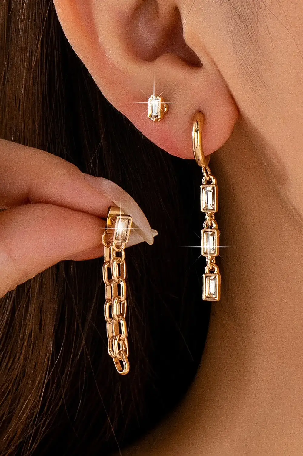 Geometric Baguette Stud Chain Trio