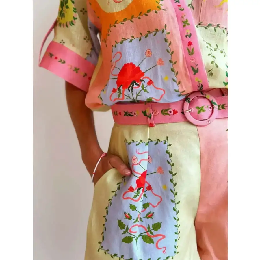 Printed Button Down Shirt and Shorts Set
