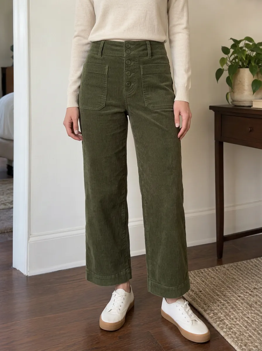 Women's Casual Olive Green High-Waisted Button-Front Corduroy Pants