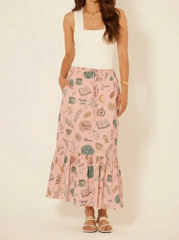 Women's Book Coffee Lover Aesthetic Printed Midi Skirt
