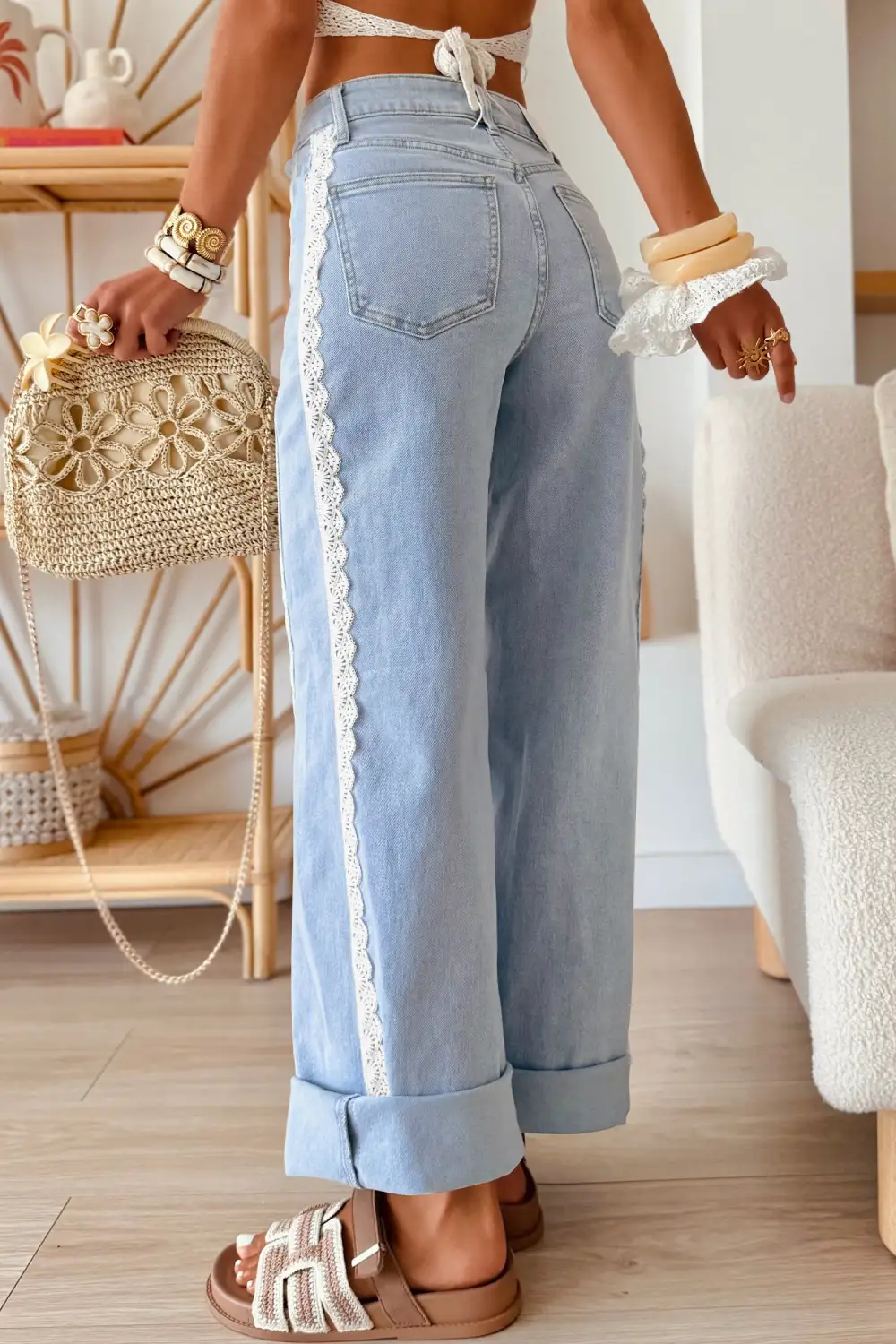 Women's Lace Trim Casual Full Length Regular Fit Jeans