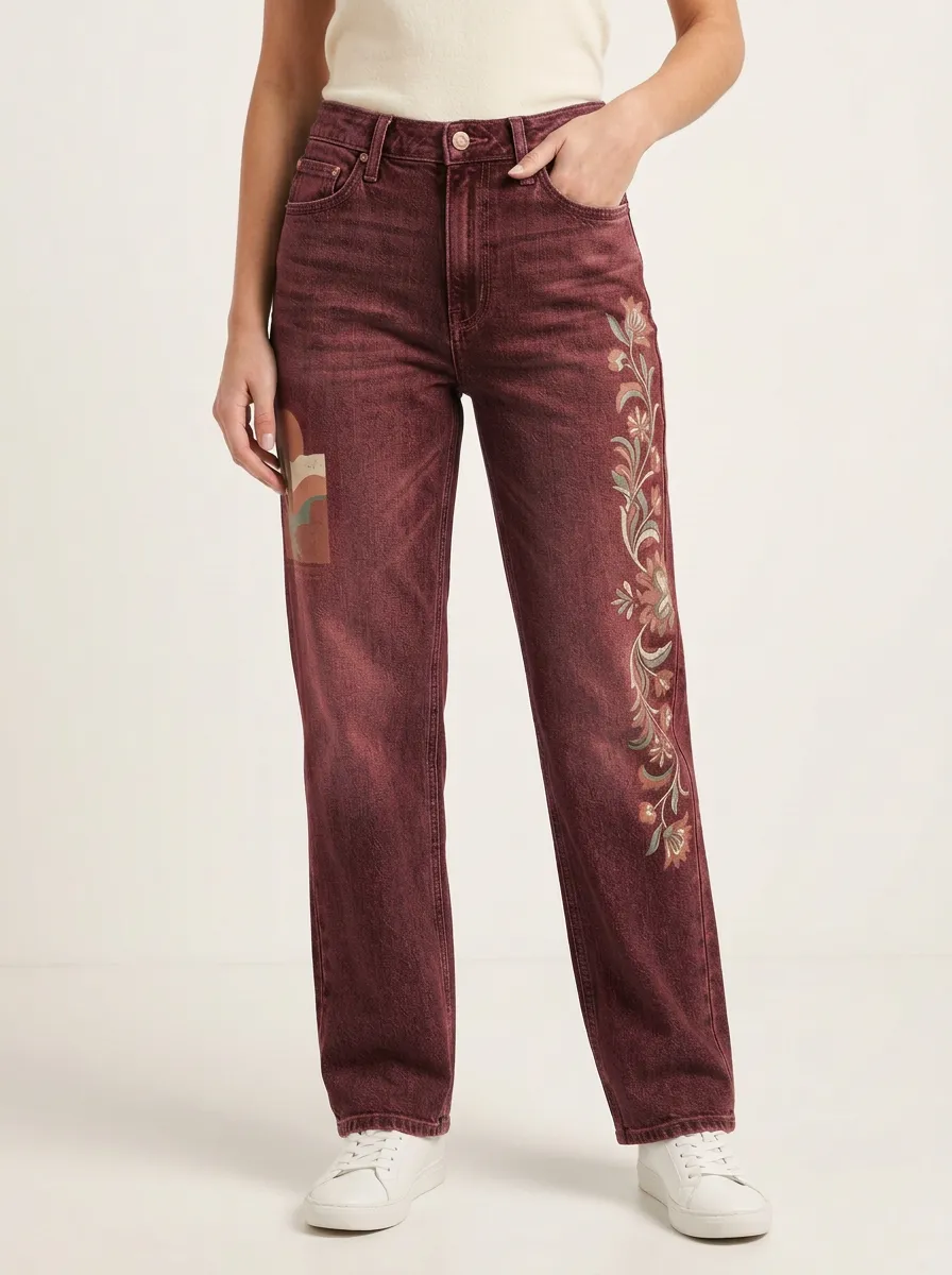 Women's Boho Floral Landscape Printed Straight Leg Jeans