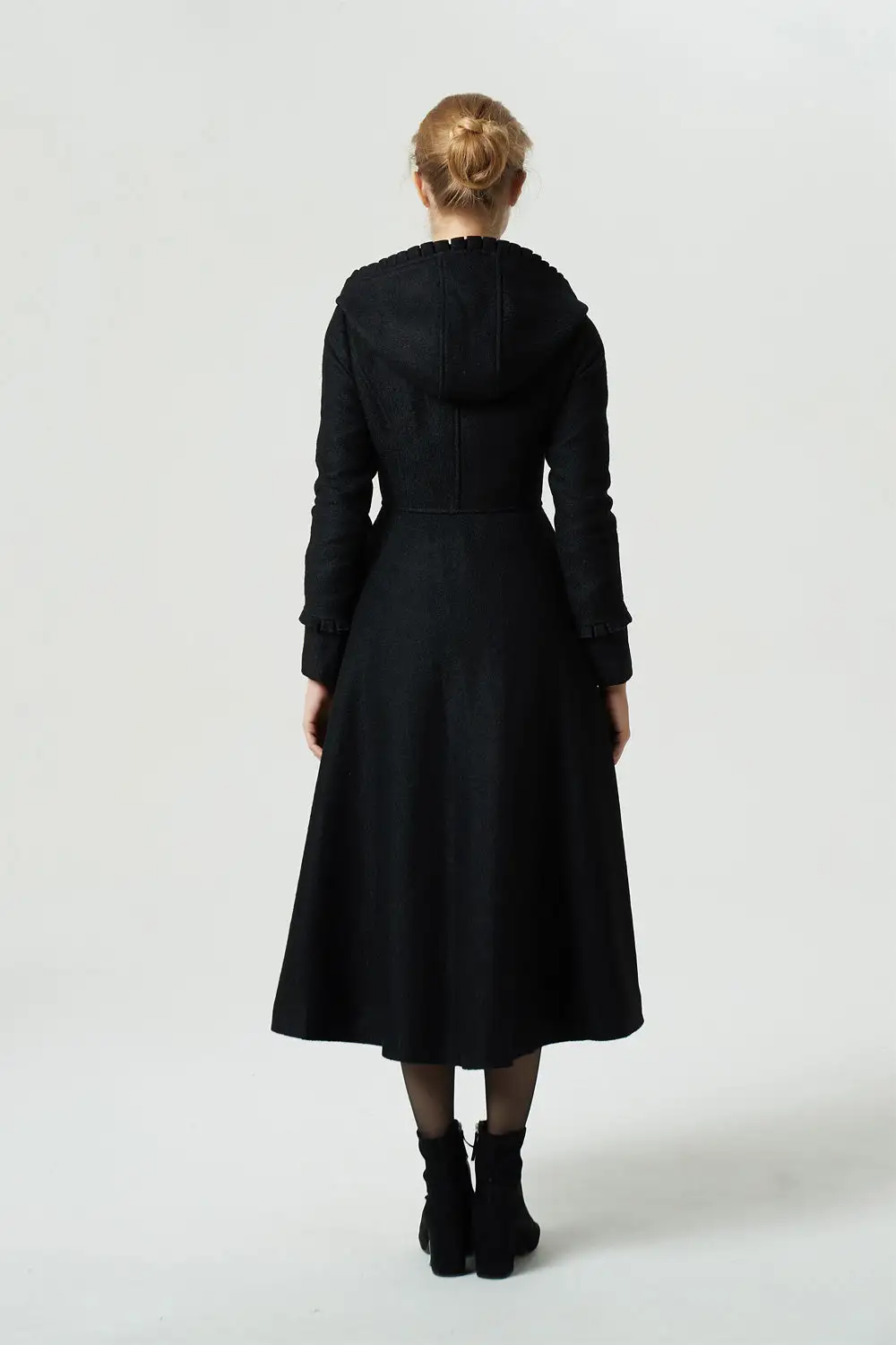 Wool Blend Fit and Flare Hooded Ruffle Trim Pocketed Long Coat