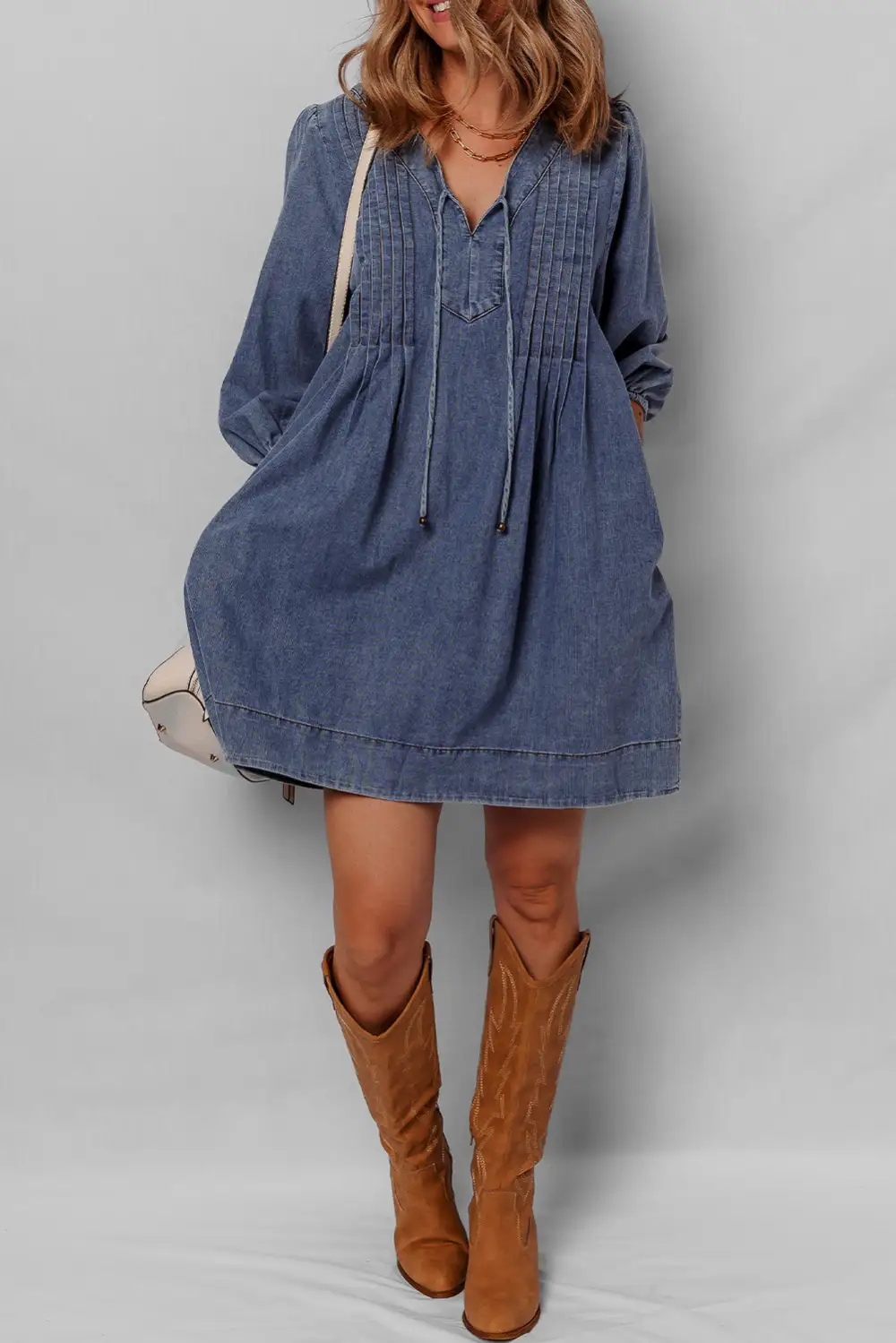 Denim Look Pleated Tie Detail Mini Dress