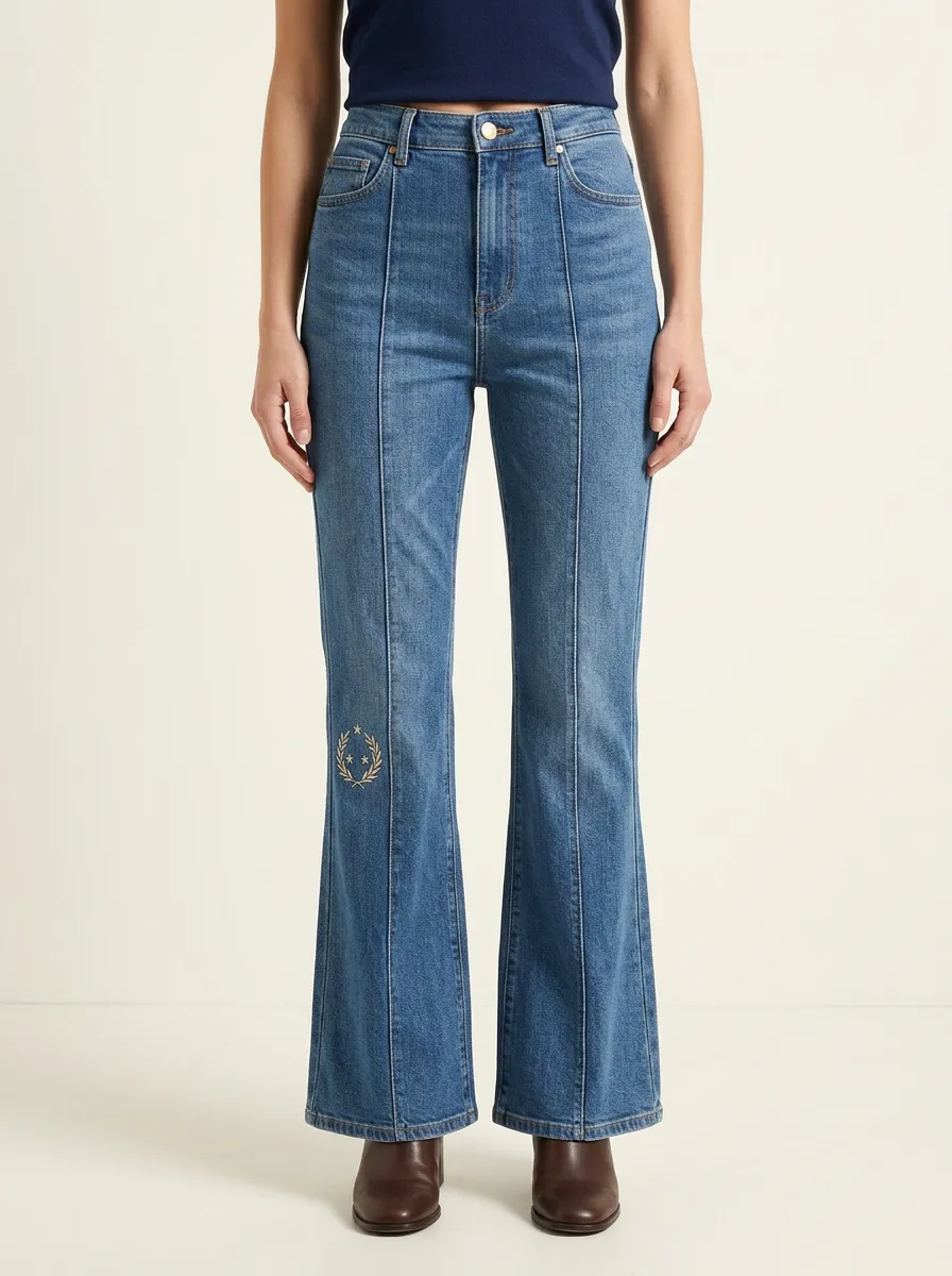 Women's Laurel Star Embroidered Front-Seam High-Rise Flare Jeans
