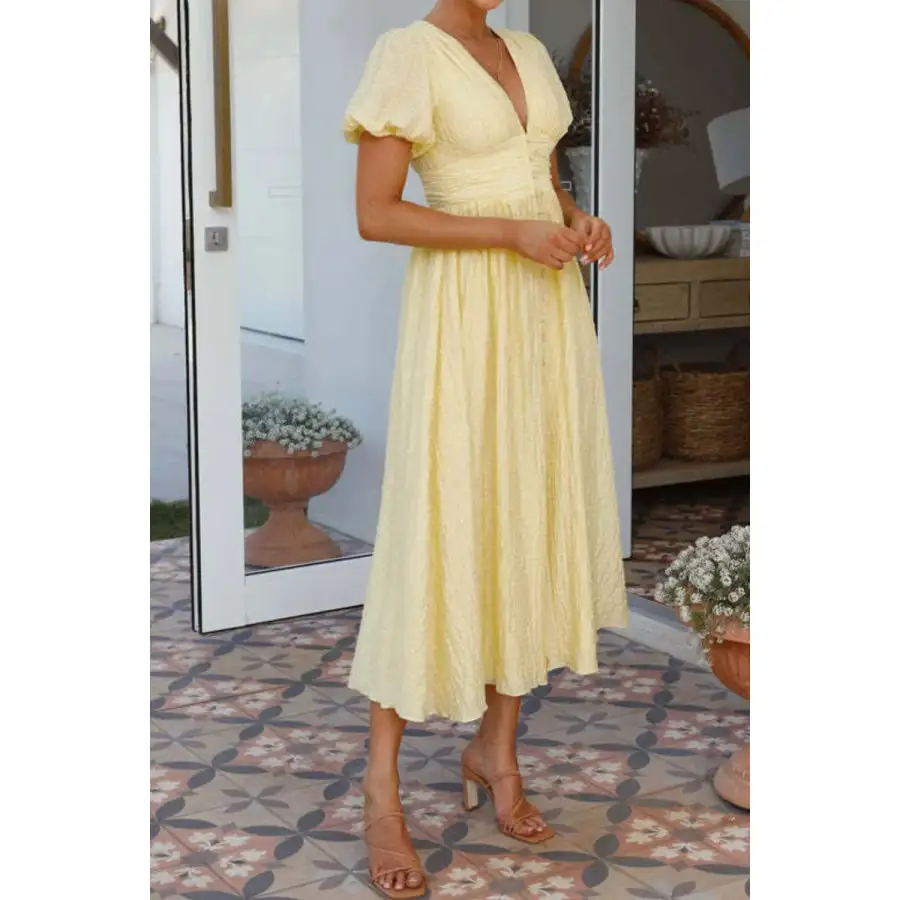 V-Neck Puff Short Sleeve Midi Dress