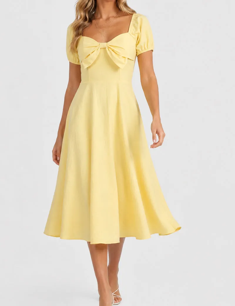 Bow Square Neck Solid Color Short Sleeves Midi Dress