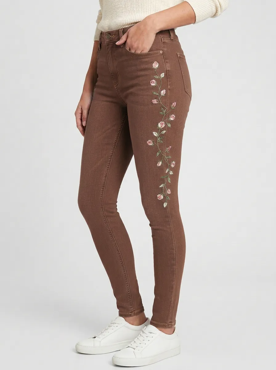 Women's Floral Rose Vine Embroidered Slim Jeans