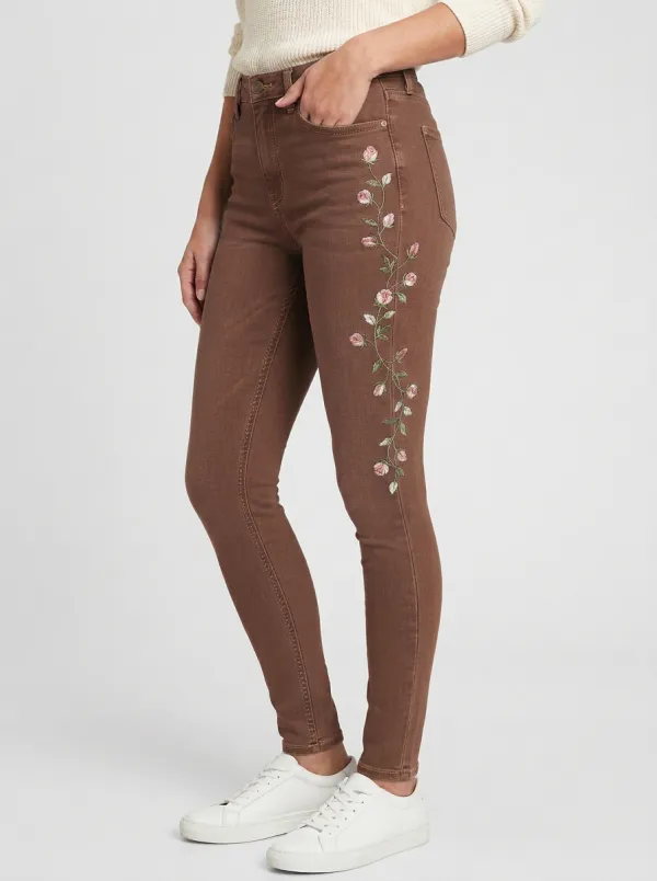 Women's Floral Rose Vine Embroidered Slim Jeans