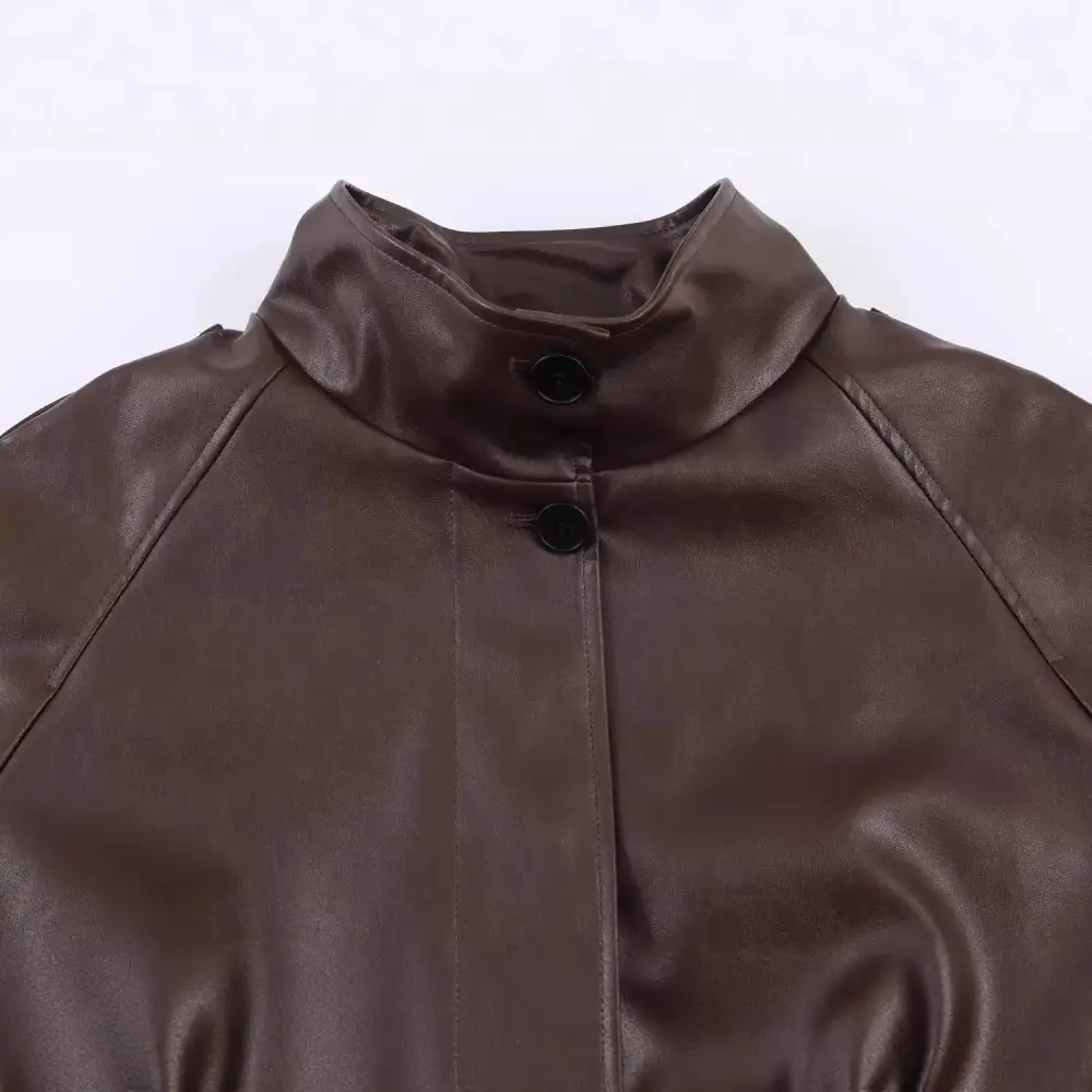 Oversized Faux Leather Stand Collar Snap Front Bomber Jacket