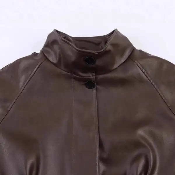 Oversized Faux Leather Stand Collar Snap Front Bomber Jacket