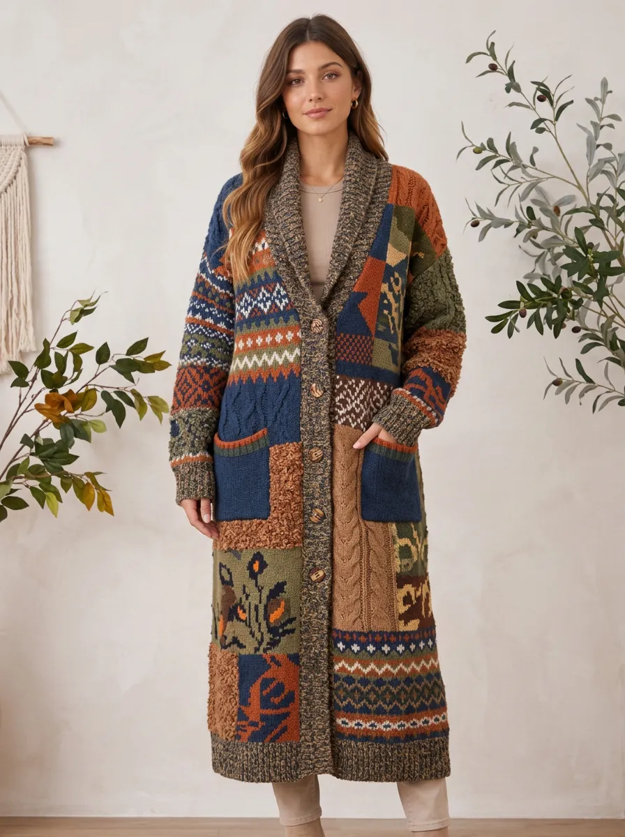 Women's Boho Vintage Patchwork Patterned Knitted Cardigan