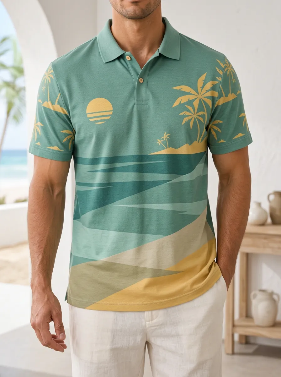 Men's Tropical Beach Sunset Palm Tree Printed Polo Shirt Relaxed Daily Style