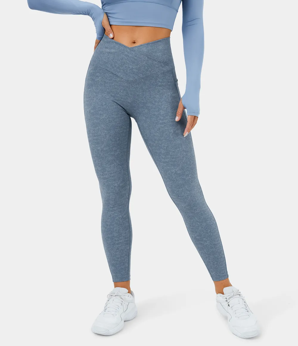 Crossover Side Pocket Stretchy Denim Print Yoga Leggings