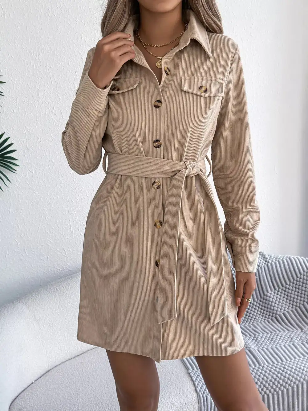 Structured Shape Corduroy Button Front Shirt Dress