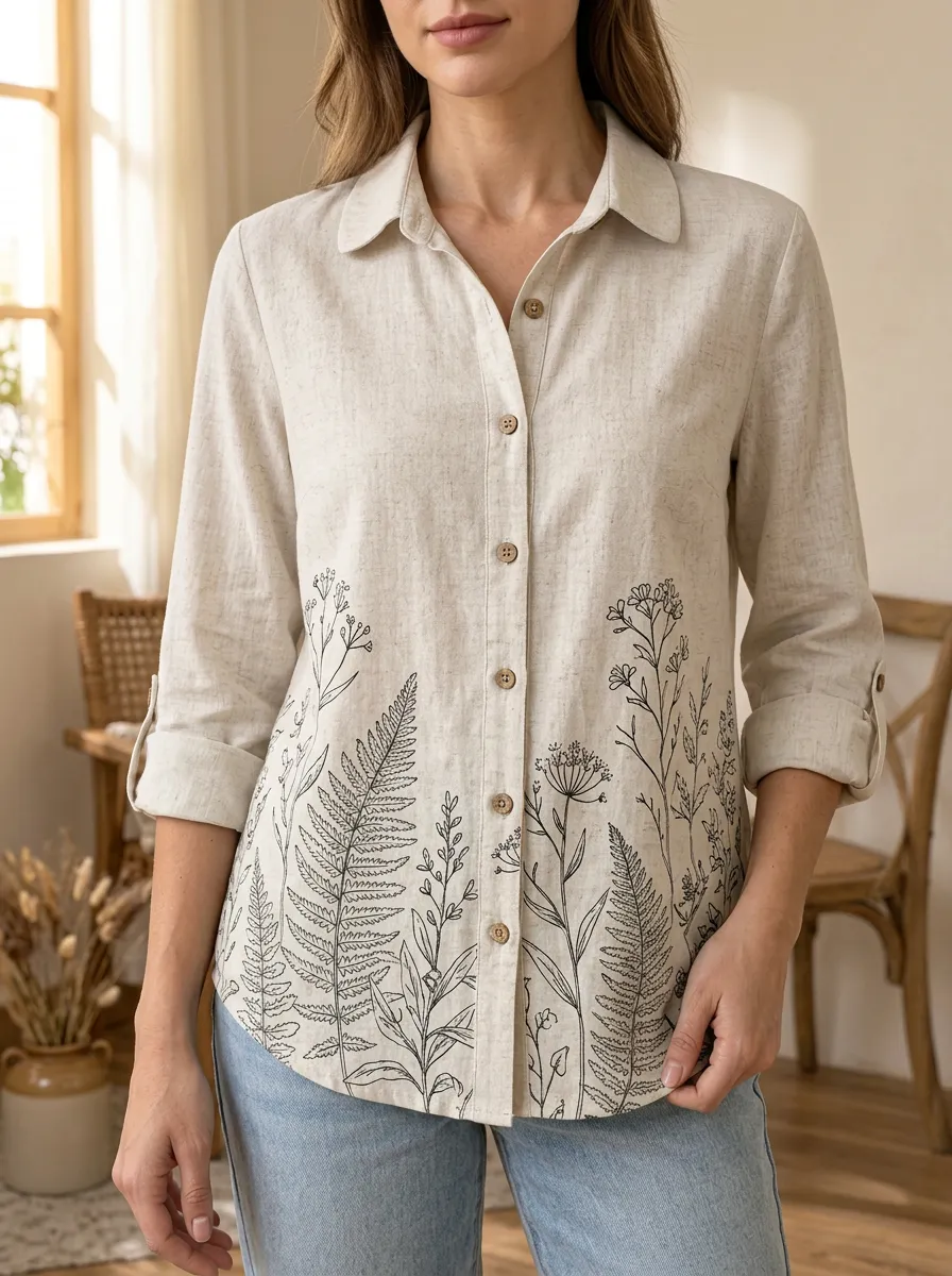 Women's Botanical Nature Lover Fern Wildflower Printed Linen Shirt