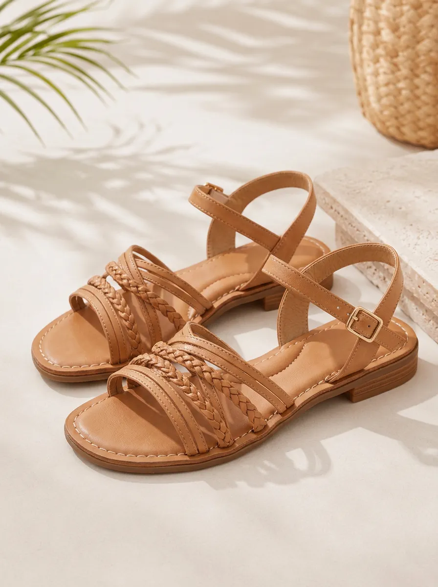 Relaxed Buckle Braided Flat Sandals