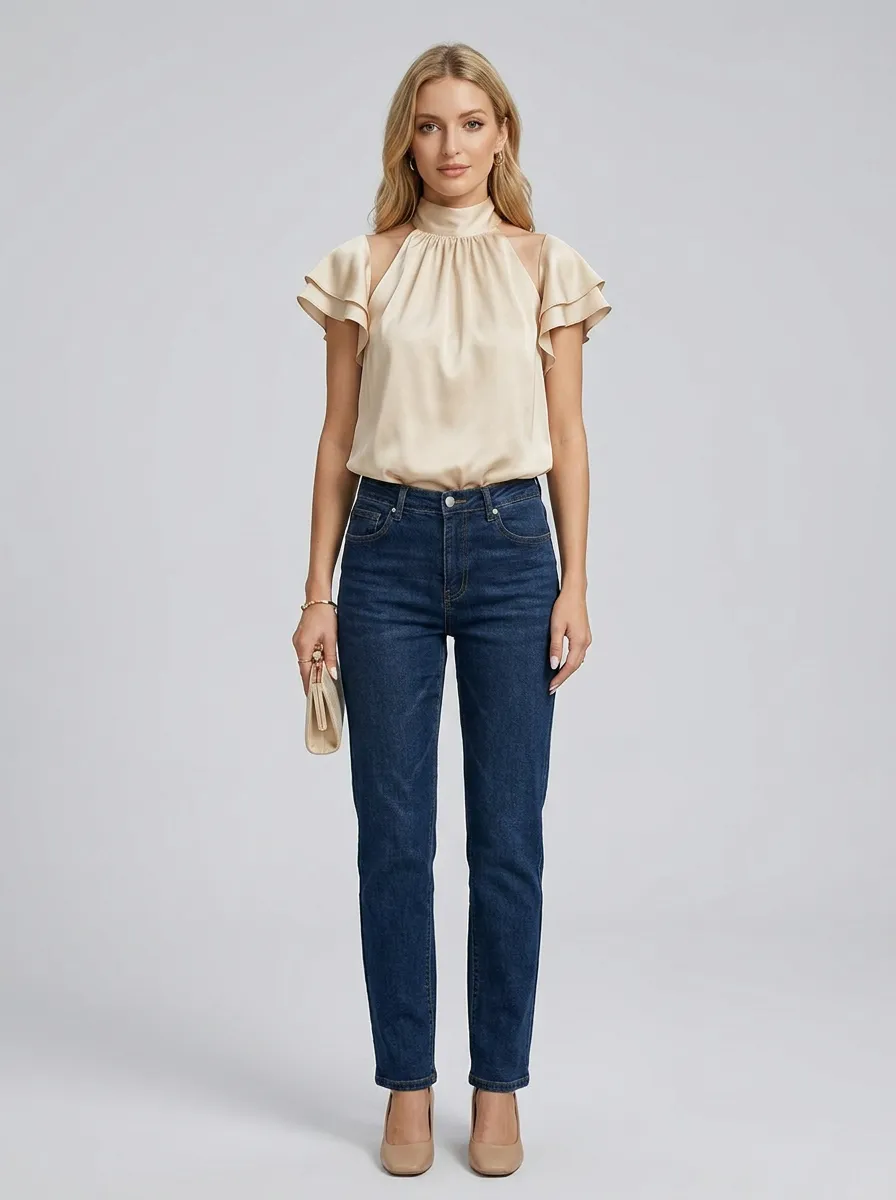 Satin Ruffle Sleeve Mock Neck Blouse